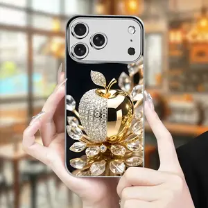 Elegant Golden Crystal Apple Pattern Electroplated Glass Phone Case for iPhone 17,16,15, 14, 13,12,11 Pro Max Plus, Mini & 17 Air 16 E-Unique Creative Design, Perfect Year-Round Gift