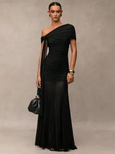 Elegant Sweet Chic Style Long Dress, Asymmetrical Neckline Design, Ruched Body Fit, Lightweight Skirt for Party & Casual Wear, Womenswear