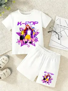 Summer Girls' Short Sleeve Set, Trendy K-Pop Style, Cartoon Print, Slim-Fit T-Shirt & Casual Shorts, Perfect Mother's Day Gift, Clothing Sets