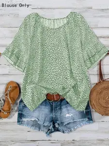 【Plus Size】 All Over Print Round Neck Blouse, Casual Short Sleeve Top for Summer, Women's Plus Clothing for Daily Wear