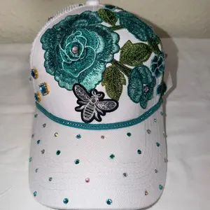 White and Teal Trucker Hat with lots of Bling detail for a  unique style