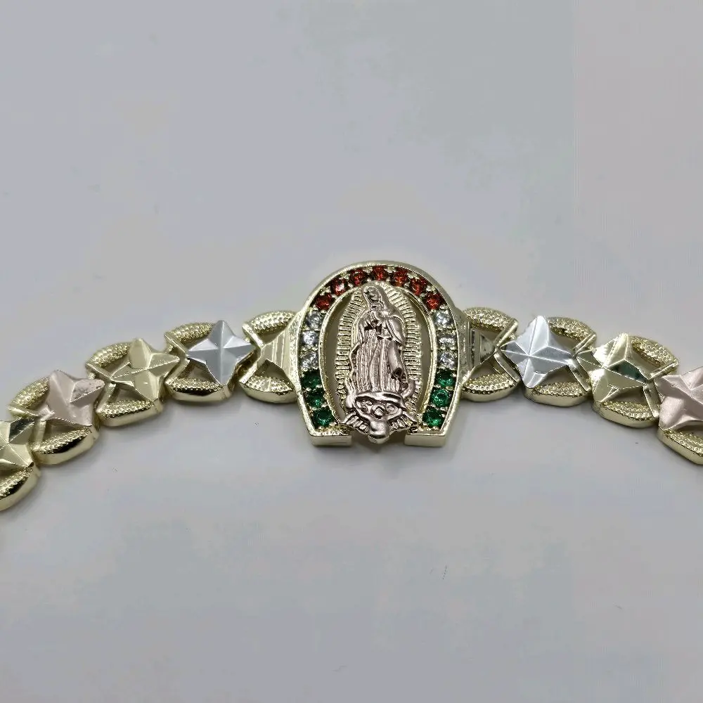 Virgin of Guadalupe Tricolor Multi Zircon 7 Inches Long Bracelet Copper Gold Plated Unisex Item Not Water Resistant