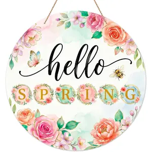Hello Spring Door Sign - Round Floral Spring Decorations for Home Office Party - Welcome Spring Wreath Farmhouse Rustic Hanging Sign for Door Wall Decor