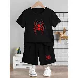 Boys Two Piece Set Summer Cartoon Red Spider Print T shirt and Spider Web Pattern Shorts Outdoor Casual Clothing
