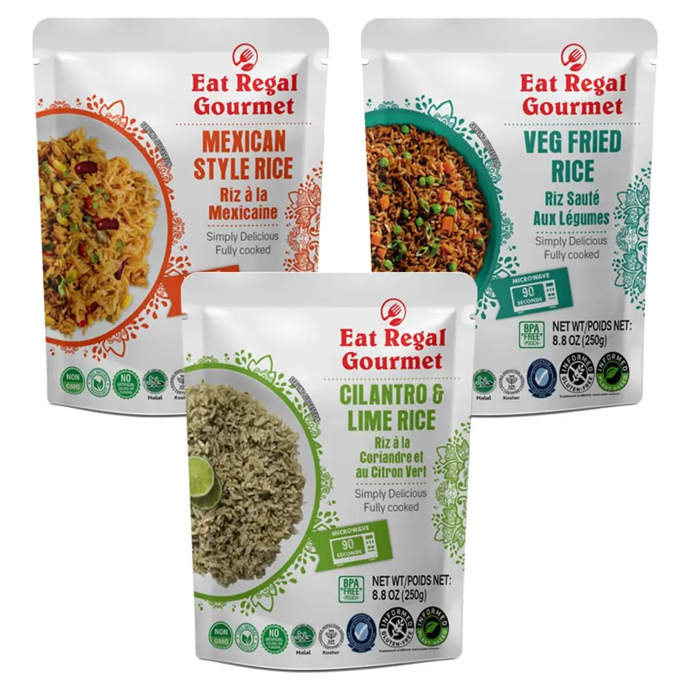 Eat Regal Microwave Rice – 3 Flavor Variety Pack: Mexican, Veg Fried & Cilantro Lime -Ready in 1.5 Minutes –8.8oz (Pack of 6) | Microwavable & Easy to Eat Food