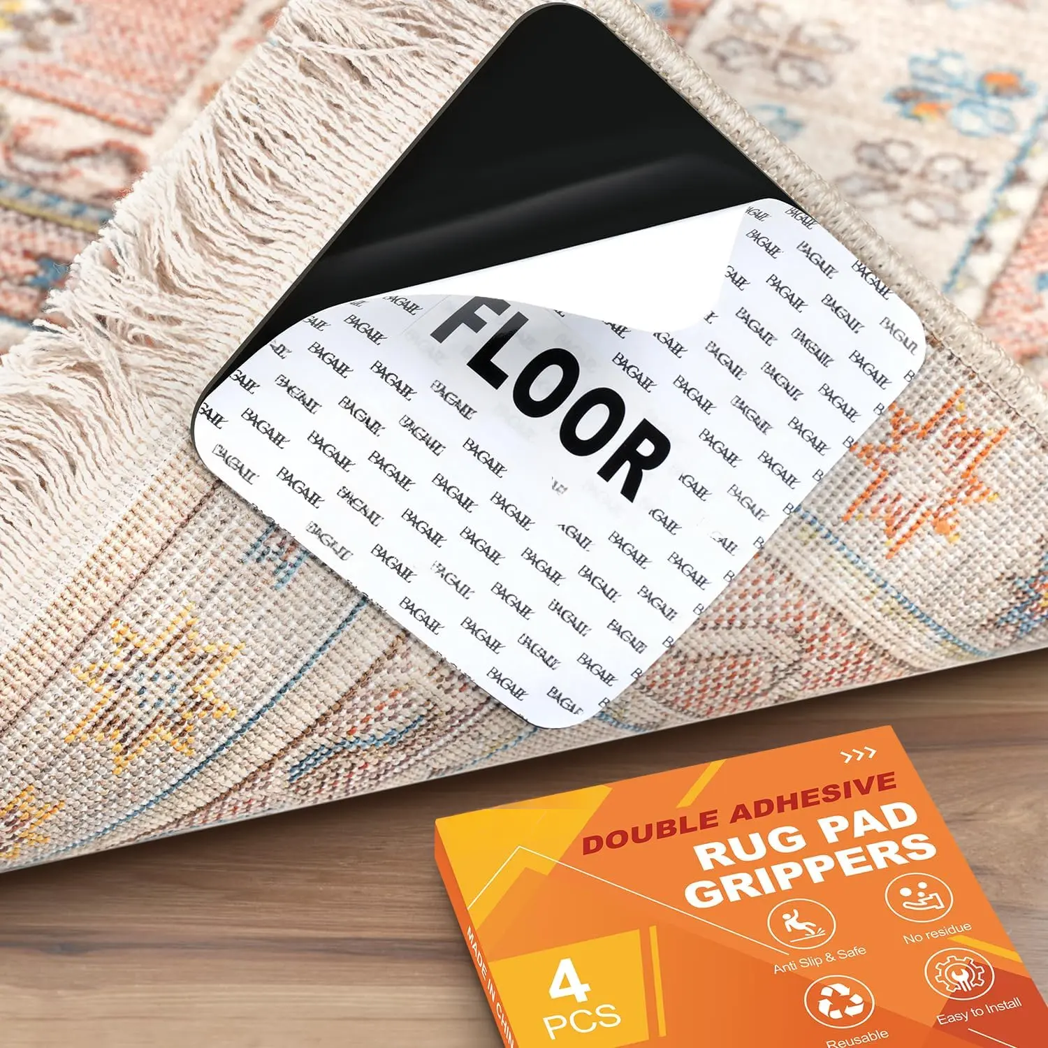 4 count Rug Gripper Pad, Non Slip Rug Corner Grippers for Hardwood Floors,  Adhesive Flexible Carpet Tape,  Under Rug Stickers to Keep Rugs in Place
