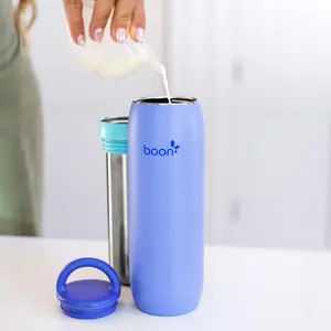 Boon Breastmilk Chiller Portable Milk Cooler - Double Wall Vacuum Sealed Stainless Steel Bottle for 17 Hours Cooling & 3 Hours Warm Milk Travel Friendly Dishwasher Safe Blue Milk Chiller