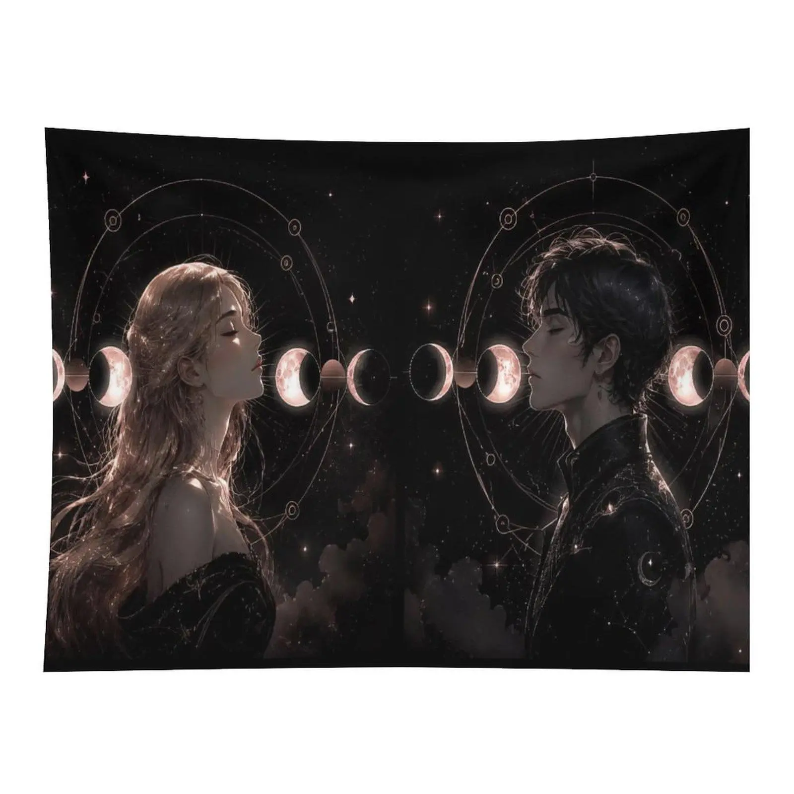 Dark Starry Sky Moon Phase Zodiac Constellation Split Portrait Man Woman Romantic Cosmic Lovers Wall Tapestry For Couple Bedroom Aesthetic Decor