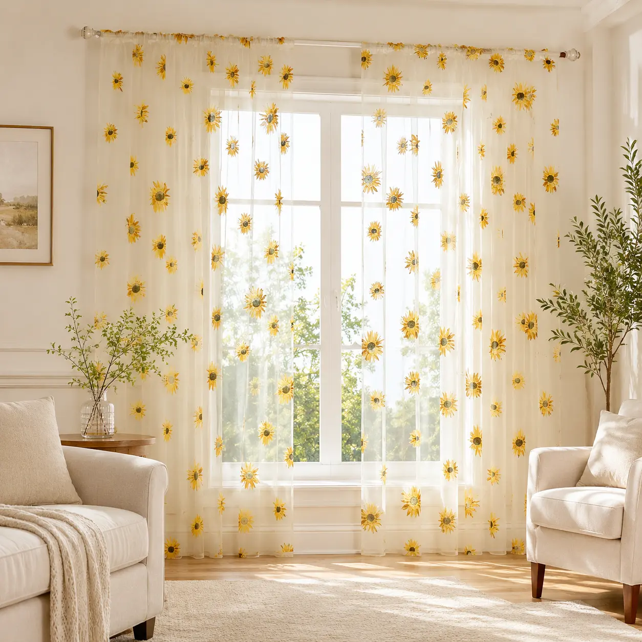 Sunflower-print sheer curtains for bedrooms and living rooms, floral sheer drapes, Bohemian-style farmhouse decor for spring, summer, and fall—a must-have for renovating college dorm rooms and rental apartments.
