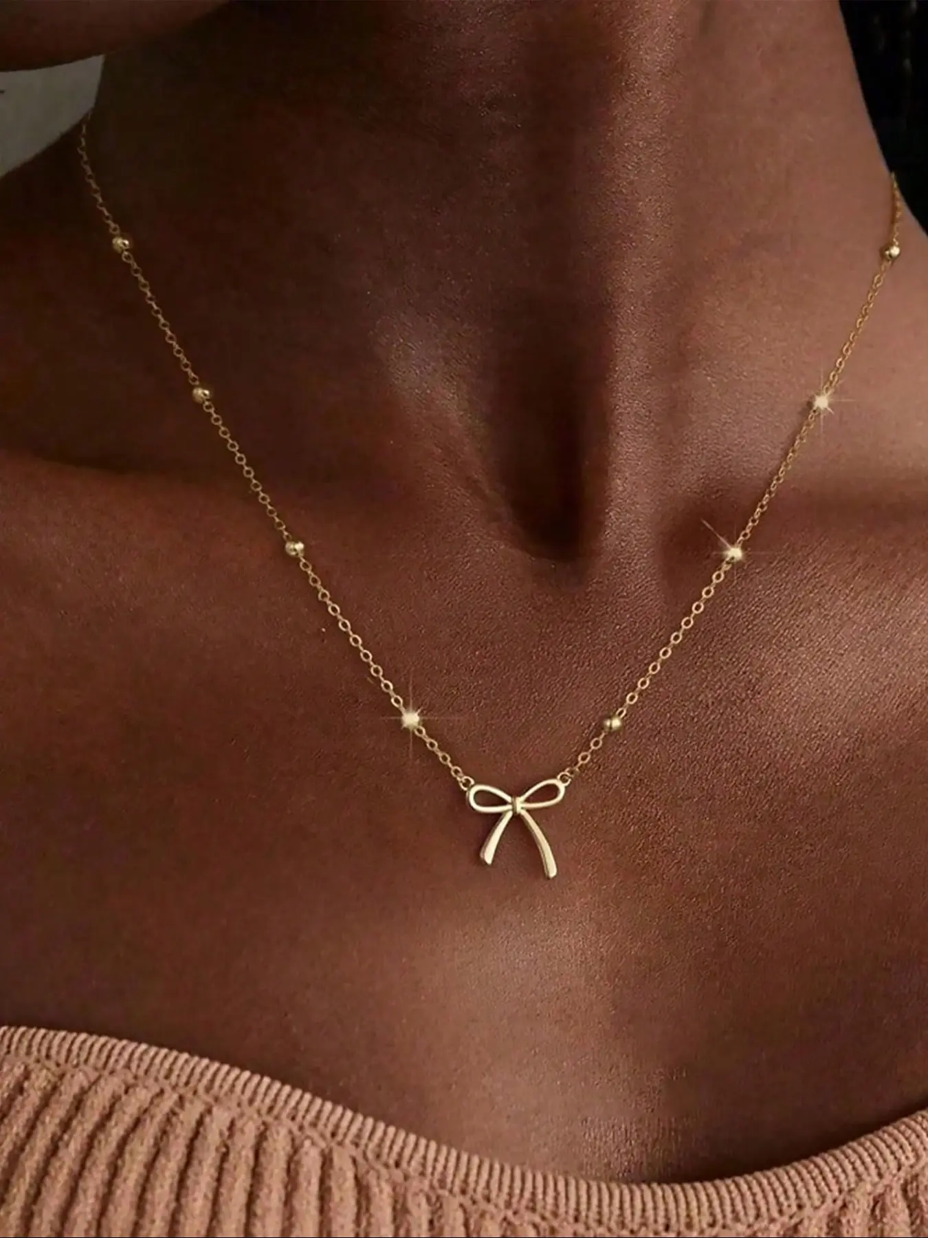 Bowknot Pendant Necklace, Elegant Beaded Chain for Women & Girls, Dainty Minimalist Design Jewelry, Versatile Layering Necklaces, Trendy Jewelry, Birthday Gift Jewelry