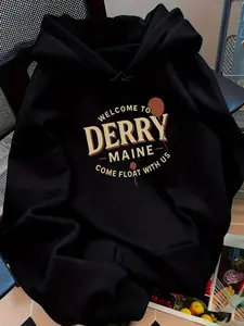 Men's Oversized Derry Maine IT Graphic Hoodie - Vintage Horror Movie Pullover Sweatshirt, Cozy Fleece Streetwear Hooded Top with Balloon Print, Trendy Bold Statement Oversize Hoodie for Casual/Lounge/Street Style