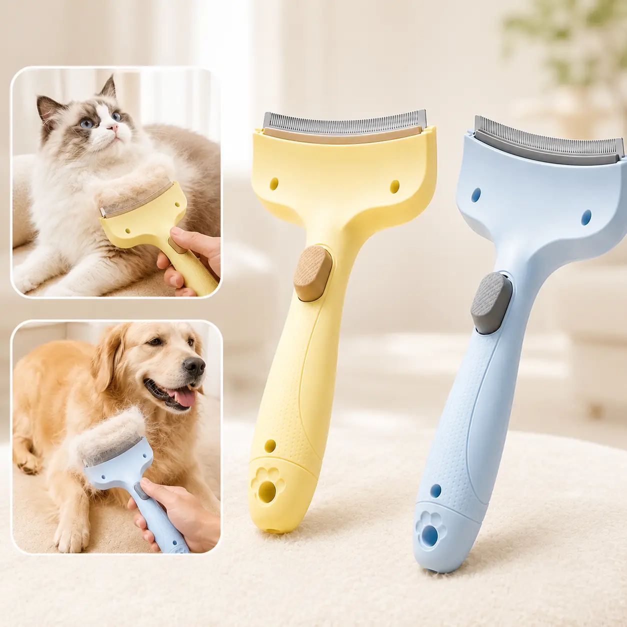 Self-Cleaning Pet Deshedding Brush, 10CM Curved Undercoat Comb for Long & Short Haired Dogs & Cats, Rounded Stainless Steel Teeth, Non-Slip Grooming Tool