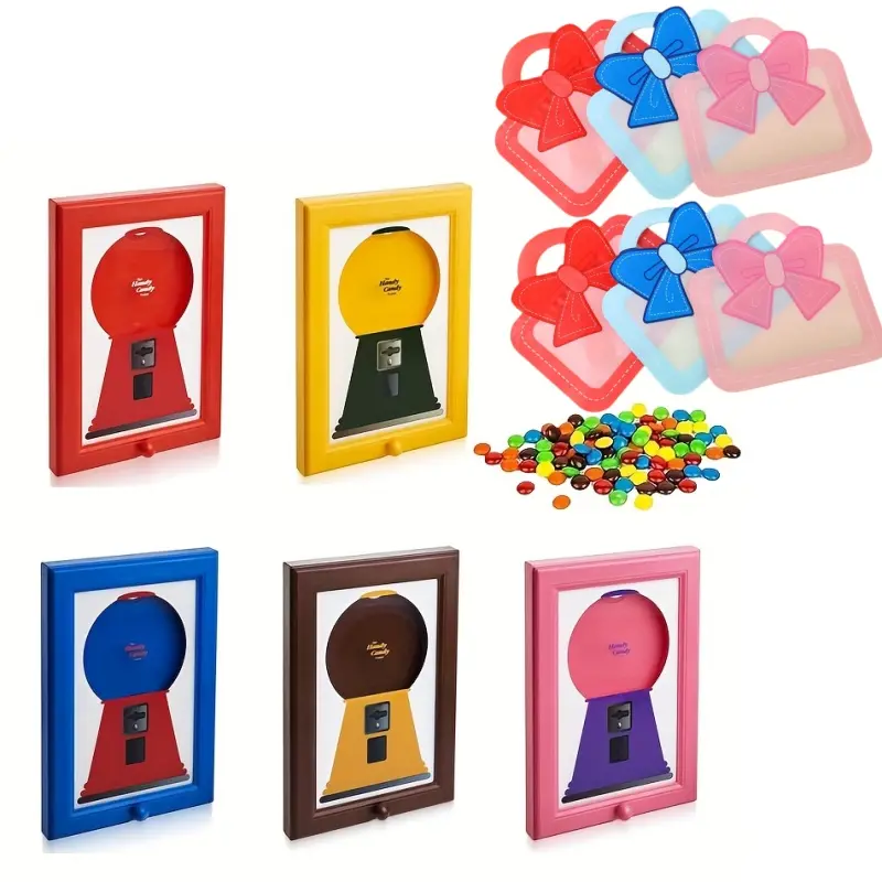 wall-mounted, square photo-frame-style candy dispenser that includes 6pcs gift bags; this unit cleverly combines a photo frame with a candy dispenser, offering quick and convenient access to candies, nuts, or pet treats—an ideal Christmas gift.