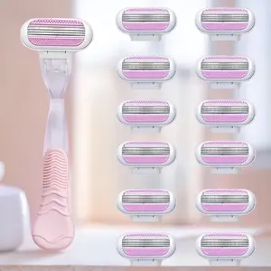 Women Safety Razor, 1 Blade Holder + 12-32 Blades, Three-Layer Blade Design, Smooth Body Hair Removal, Thigh Trimming, Portable Shaving, Replaceable Blades