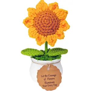 Crochet Flowers Bouquet Sunflower Crochet Potted Plants Knitted Flowers Pots Cute Desk Decor Car Dashboard Home Office Decor Mothers Day Valentines Day Birthday Gifts (Orange) Decorative Fruit Ornaments flower bouquets crochet flower bouquet