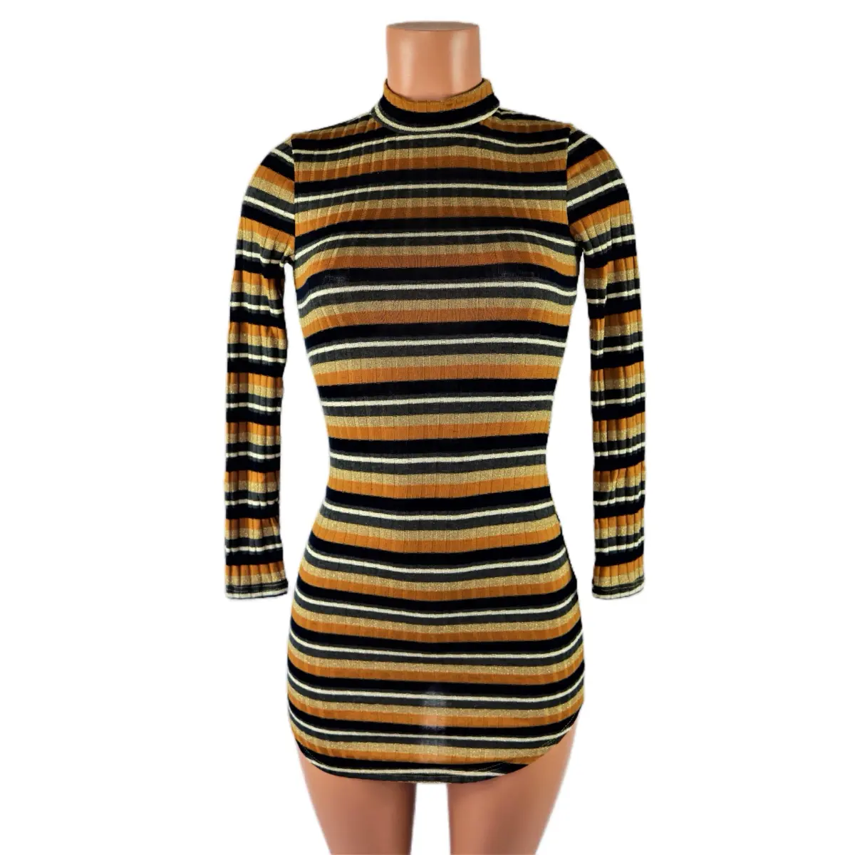 Kendall high neck long sleeve striped bodycon mini dress - Final Sale Casual Metallic Soft Womenswear Comfortable Overall