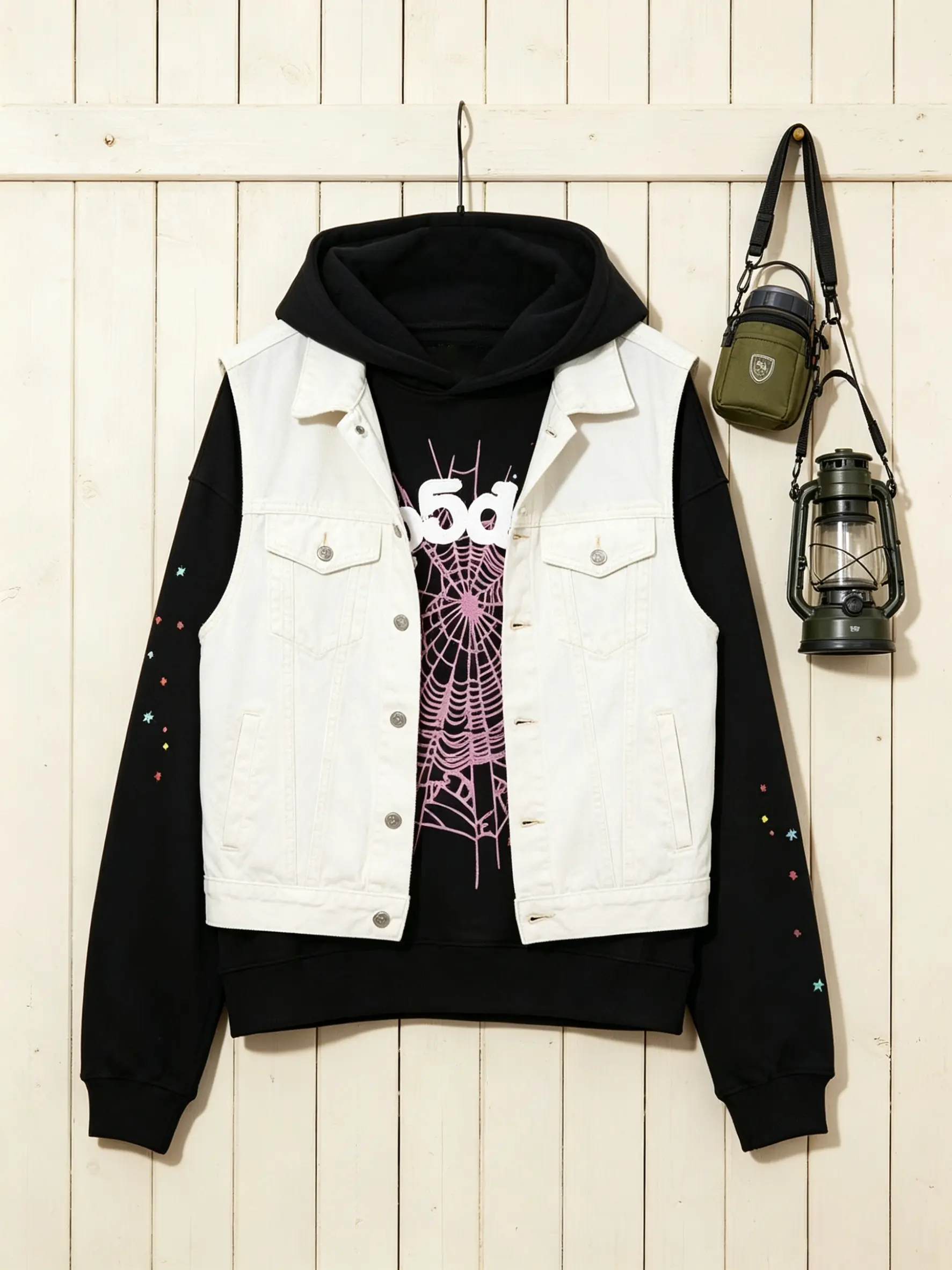 Men's Hooded Sweatshirt, Spider Web Pattern, Letter Print, Colorful Stars, Street Punk Style, Casual Fitted, Fall & Winter, Graphic Hoodie