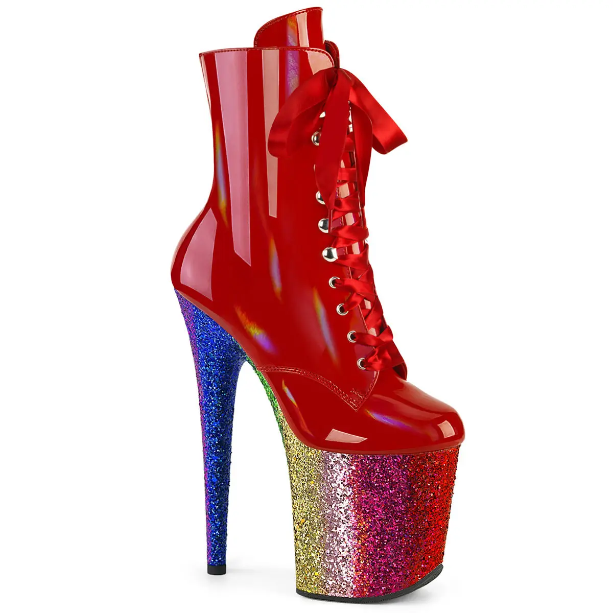 Women's 8-in Heel PU Lace Platform Boots - FLAMINGO-1020HG, Red Holo Patent, Zip, Rainbow Glitter Footwear, Boot, Ankle Length, Nightlife Wear, Shoe, Statement Shoes