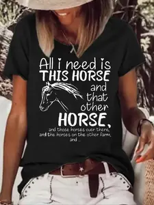 Women's Letter & Horse Print Round Neck Tee, Fashion Casual Crew Neck T-Shirt for Daily Holiday Vacation Outdoor Wear, Ladies Clothes for Summer