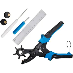 Leather Hole Rotary Puncher for Belts,  Collars, Saddles, Shoes, Watch Bands, and etc. with a Measuring Ruler, Two Spare Punch Plates, and a Mini Metal Drill