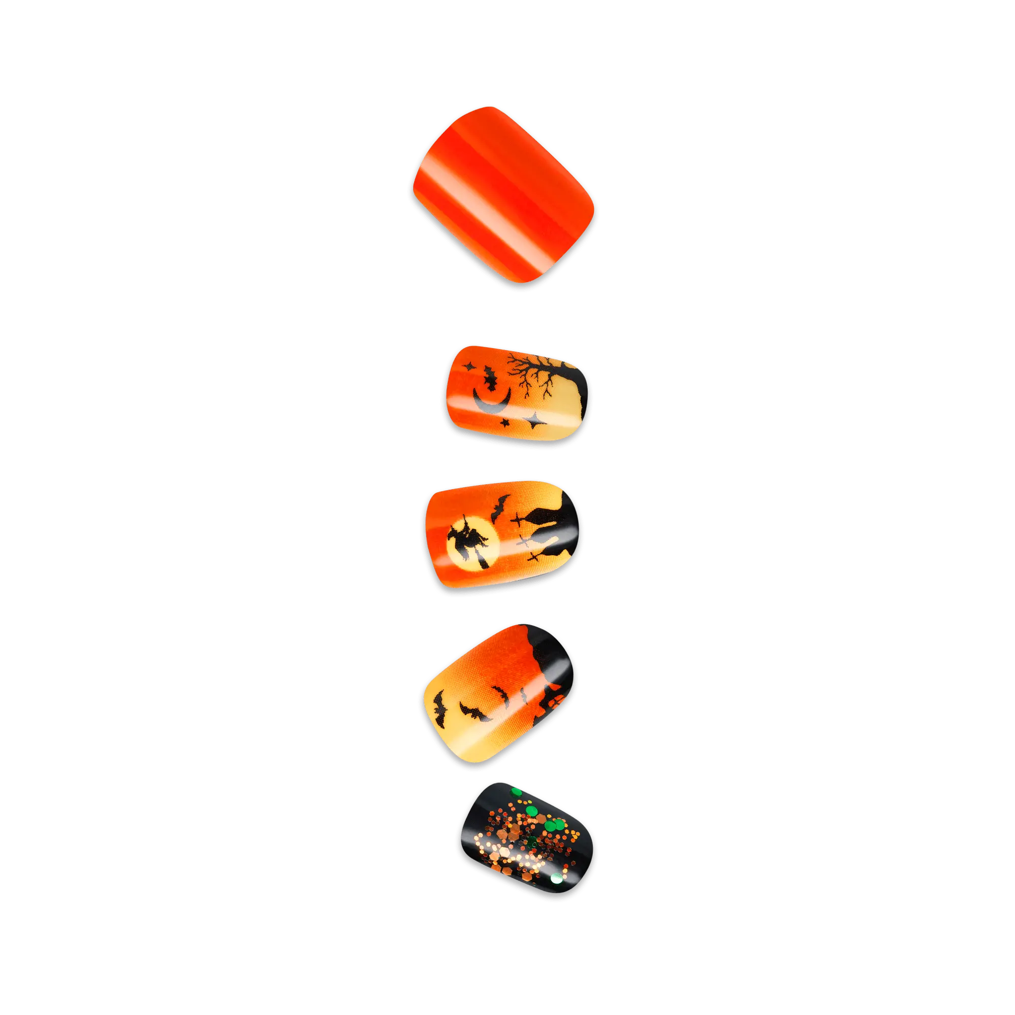 Impress Design Halloween No Glue Fake Press On Nails - Eternal Night | Design, Orange & Black, Short, Squoval, Glow In The Dark, Manicure