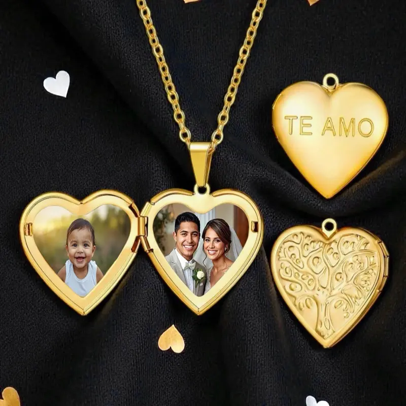 Heart Te Amo Love Family Tree Stainless Steel Locket with 2 Photos Heart Te Amo Love Family Tree Stainless Steel Locket with 2 Photos