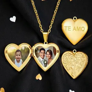 Heart Te Amo Love Family Tree Stainless Steel Locket with 2 Photos