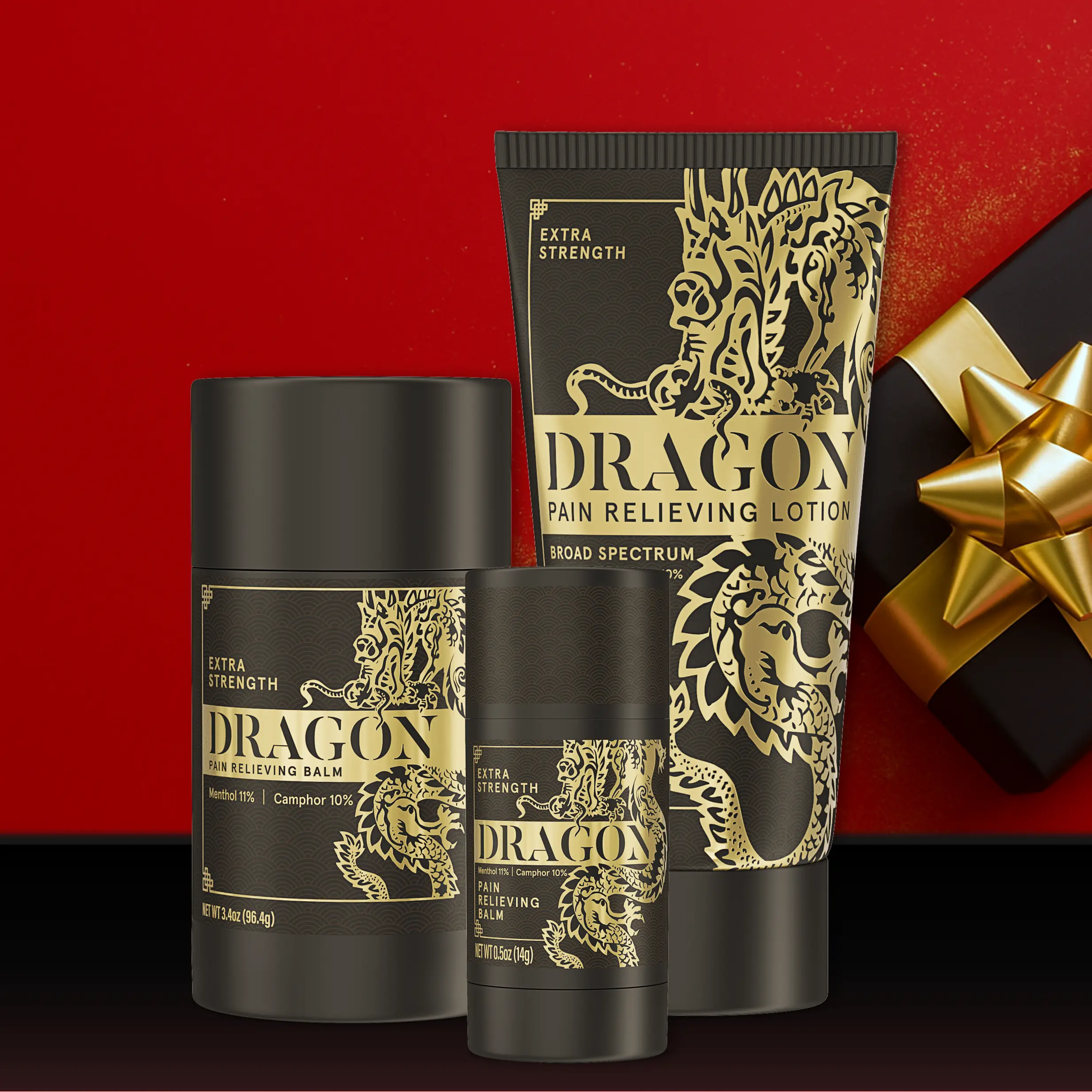Dragon Pain Relief Black Recovery Bundle, Extra Strength Lotion, Roll Up, & Travel Size Balm.- Great for Muscle & Joint Recovery