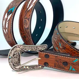 Western Cowboy Style Feather Pattern Belt,Belt Buckle,Boho Style Ethnic Pattern Trendy Belt for Women & Men, Fashionable Buckle Decorated Cowboy Waist Belt, Fashion Accessories for Daily Wear, Stylish Belts