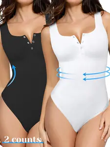 Women's Solid Color Square Neck Button Shapewear Bodysuit, High Stretch Tummy Control Shaper, Ladies Shapewear for All Seasons, Underwear