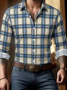 American Vintage Style Plaid Shirt, Men's Casual Slim-Fit Long Sleeve Top, Colorblock Design for All Seasons, Retro Fashion Apparel
