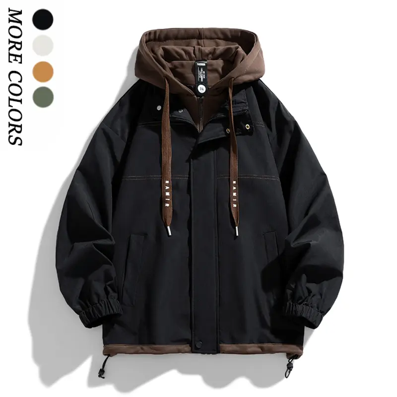 Men’s faux two-piece hooded work jacket with contrasting brown hood, drawstring, zip closure, and buttons; Y2K American street style hip hop fashion outerwear with pockets for everyday outdoor wear in fall/winter outfits