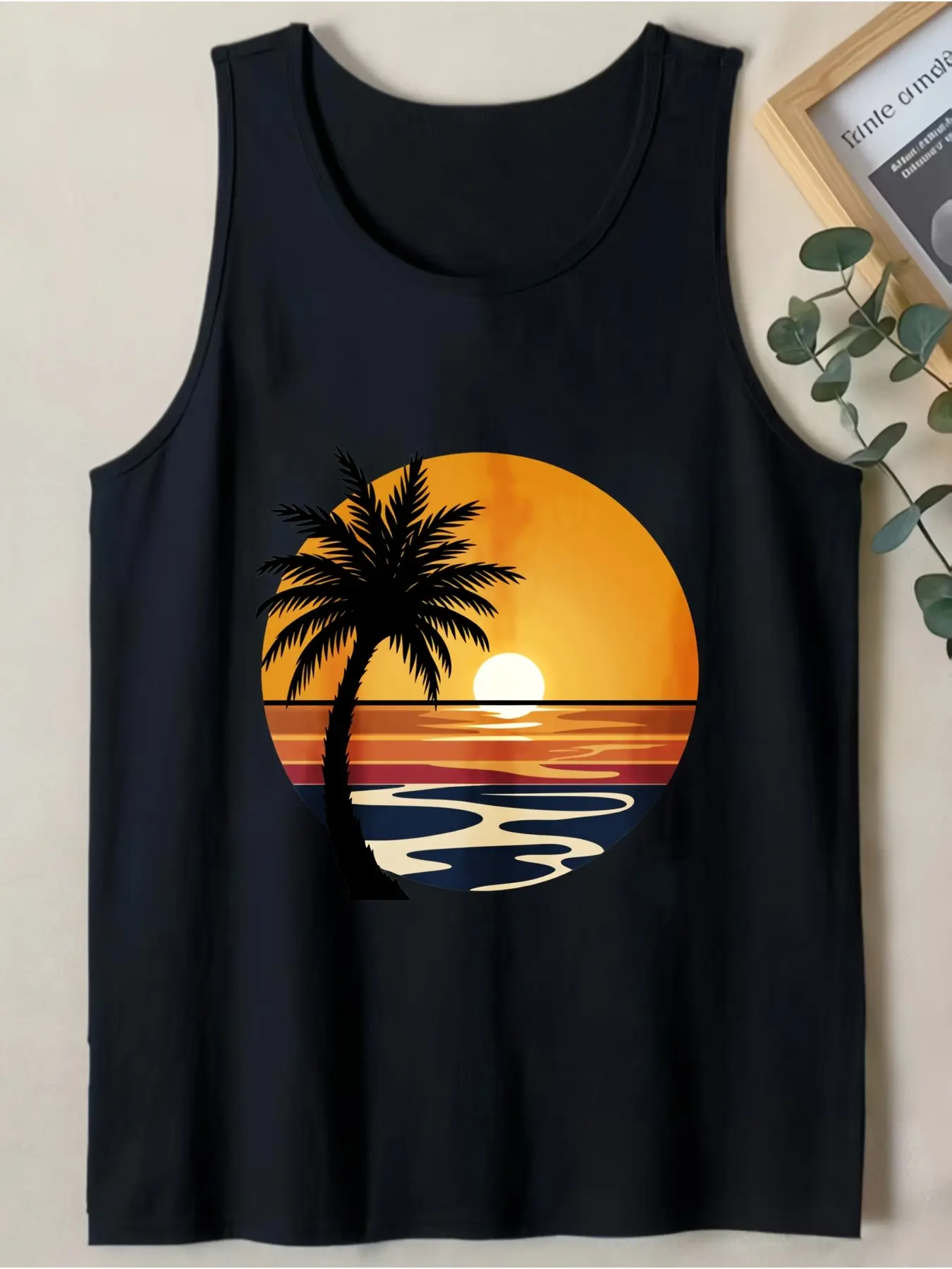 2026 Men's Retro Sunset Beach Palm Tree Tank Top - Menswear Vests for Summer Style Fabric Sleeveless Black Breathable Graphic Gym Hawaiian Relaxed Fit Tropical