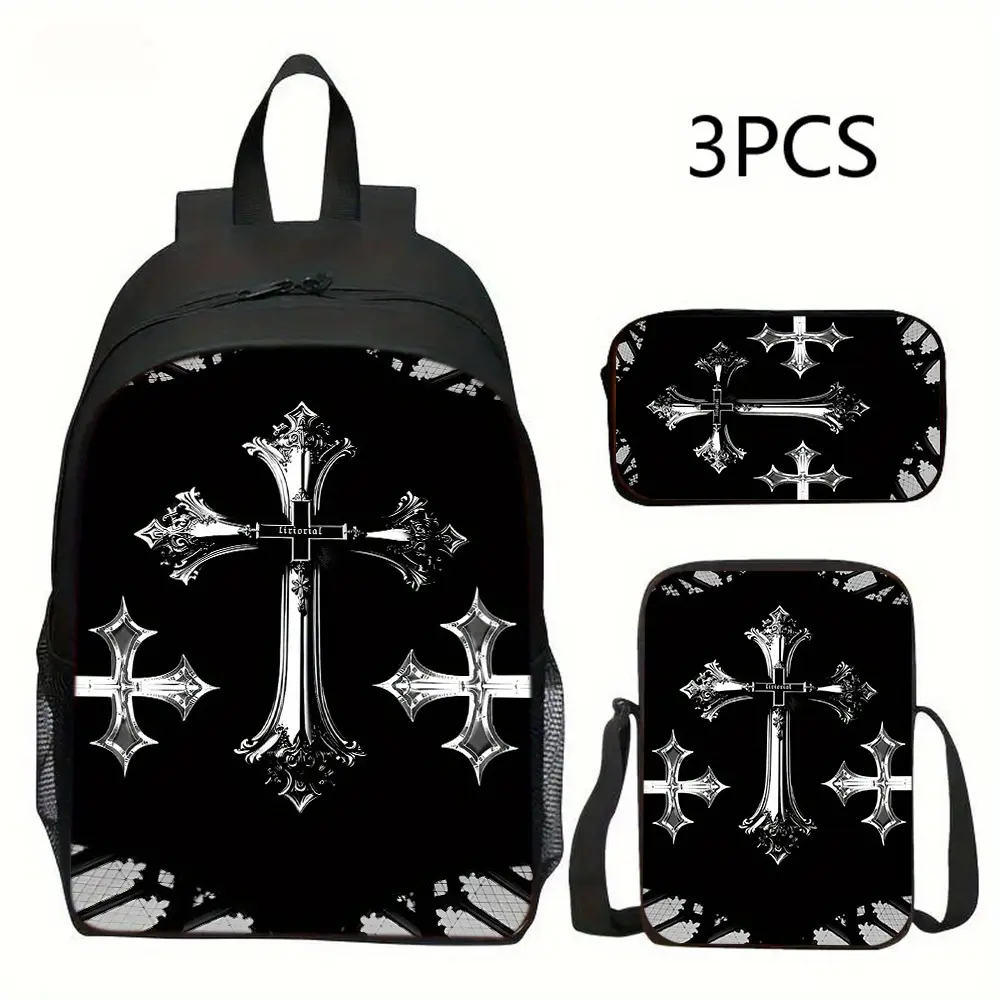 Gothic Cross 3-Piece Backpack Set, Ornate Silver Print School Bag + Lunch Bag + Pencil Case, Oxford Cloth Adjustable Strap Daypack for Alternative Style Fans