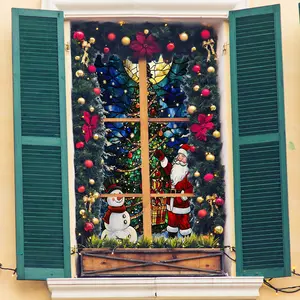 Static Cling Christmas Tree Window Film, Oil Painting Style Decorative Sticker, Light Blocking Glass Decal for Living Room Bedroom