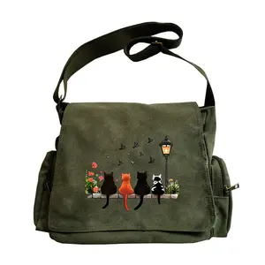 Women’s large-capacity shoulder bag; retro tote crossbody bag for women; pouch featuring a pattern of four cats sitting side by side on a stone table; suitable for various scenarios—shopping, travel, dining—and an excellent gift choice for pet lovers.