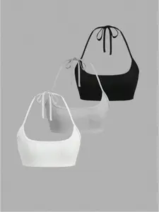 Sexy Sweet Cool Style Backless Tie Strap Ribbed Tank Top Three-Piece Set, Fashionable Summer Wear, Women's Casual