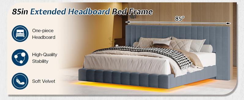 AMERLIFE Upholstered Bed Frame with Oversized Headboard, Modern Floating Bed Frame with RGB LED Lights, Velvet Channel Tufted Platform,Stable&Durable/No Box Spring Needed/Luxury Furniture Design/Queen/King Size/Best Gift Ideas/Christmas Gifts