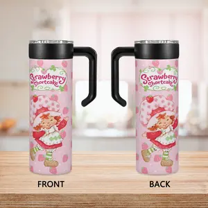 20oz New Stainless Steel Insulated Tumbler Strawberry Shortcake Design with Handle Leak-Proof Lid Portable Water Bottle for Home Office School TikTok Viral Cup Trending Aesthetic Reusable Gift Cute Girls Tumbler