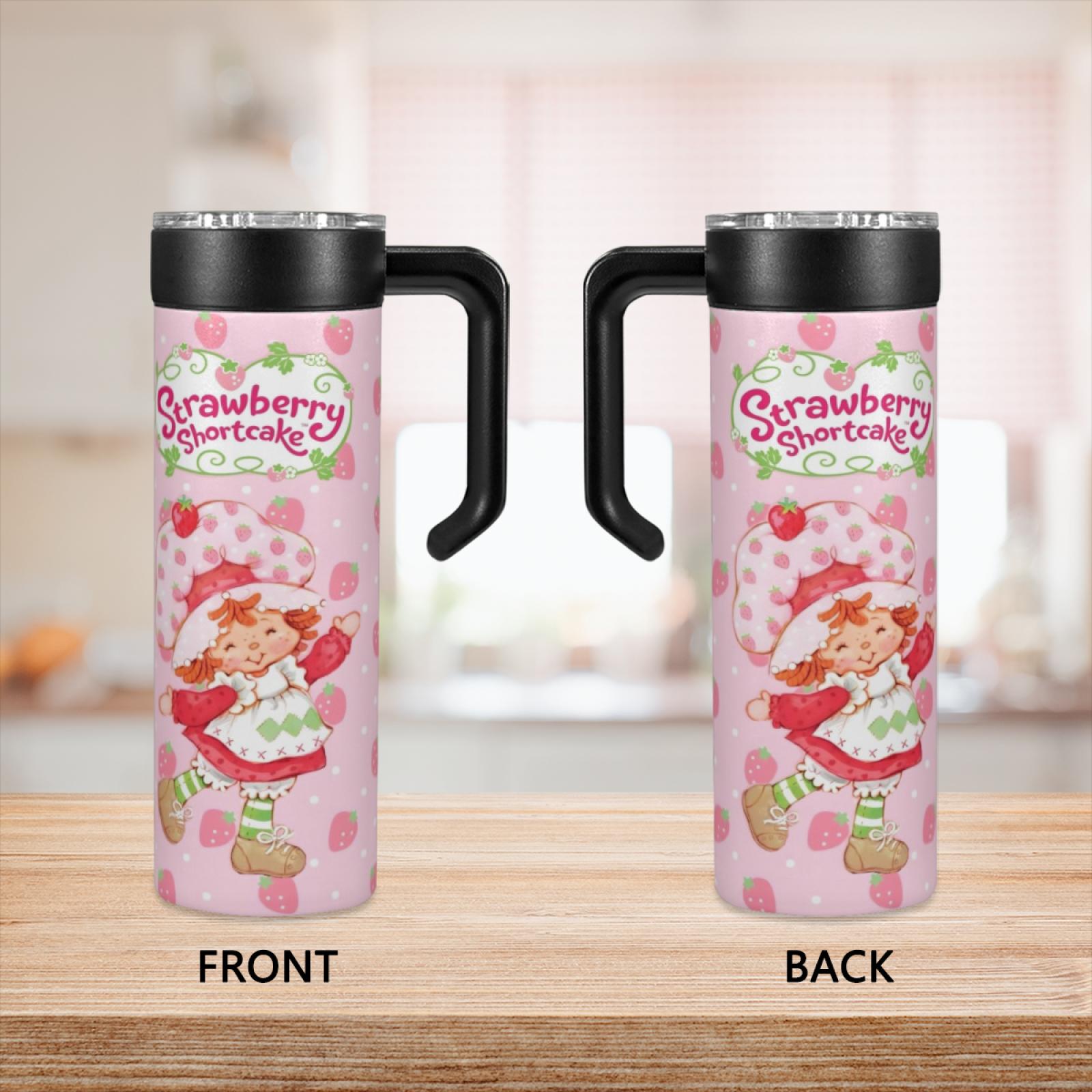20oz New Stainless Steel Insulated Tumbler Strawberry Shortcake Design with Handle Leak-Proof Lid Portable Water Bottle for Home Office School TikTok Viral Cup Trending Aesthetic Reusable Gift Cute Girls Tumbler
