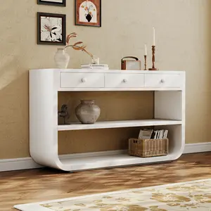 Modern curved console table with 3 soft-close drawers and 2 open shelves, solid wood base, entryway table for living room hallway study