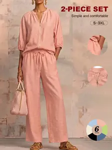 Women's 2 Piece Linen Blend, Sexy Half Zip 3/4 Sleeve Top, High Waisted Wide Leg Pants, Summer Tummy Control Chic Casual Set