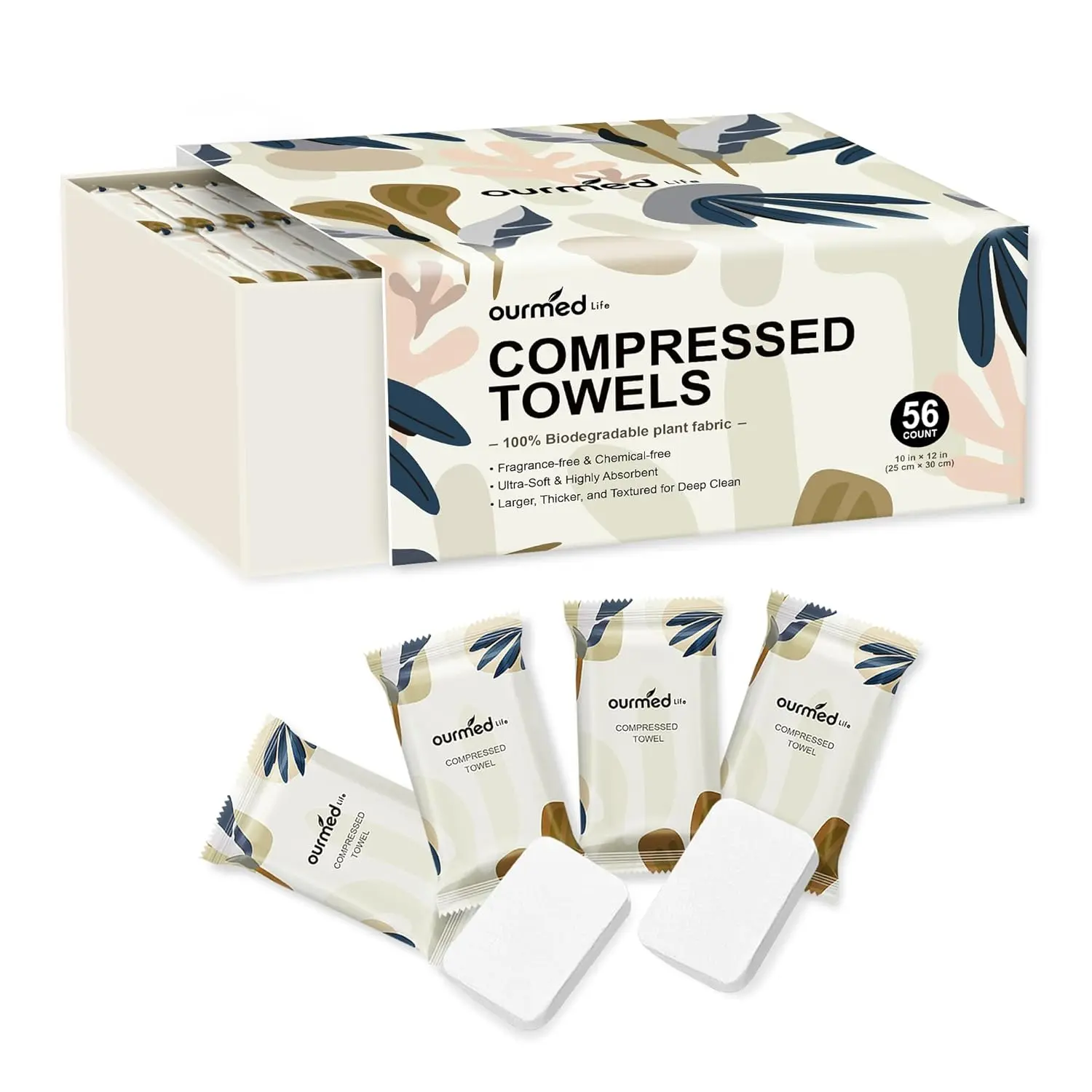 Compressed Towel Tablets – Individually Wrapped Disposable Face Towels, Expand with Water, Soft & Lint-Free 12” x 10”, Portable Travel Towels for Camping, Hiking & Backpacking (56 Count)