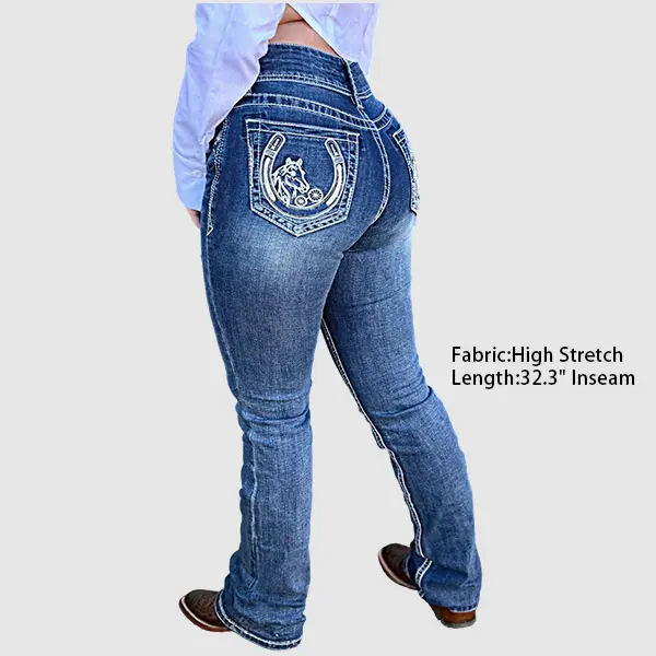 Flamingals Wash Mid Waist Double Button Embroidery Pocket Bootcut Jeans Women's Fashion Flamingals Wash Mid Waist Double Button Embroidery Pocket Bootcut Jeans Women's Fashion