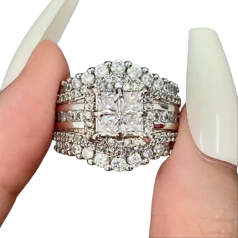 JJ CHIC Square Five-in-One Ring for Women, S925 Sterling Silver Micro Pave CZ Stones Halo Design - Perfect Gift for Girlfriend or Wife Jewelry Elegant Daily Wear Stunning Luxurious