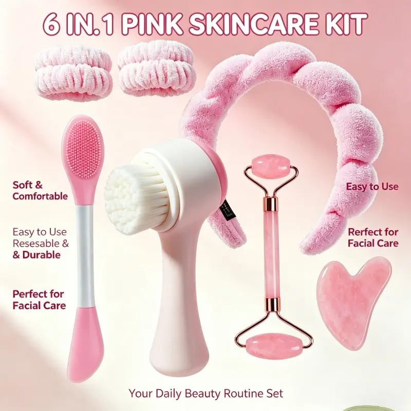 7-Piece Facial & Body Care Tool Set, Self-Care Kit with Roller Massager, Silicone Mask Brush, 3D Face Brush, and Velvet Headband for Men and Women