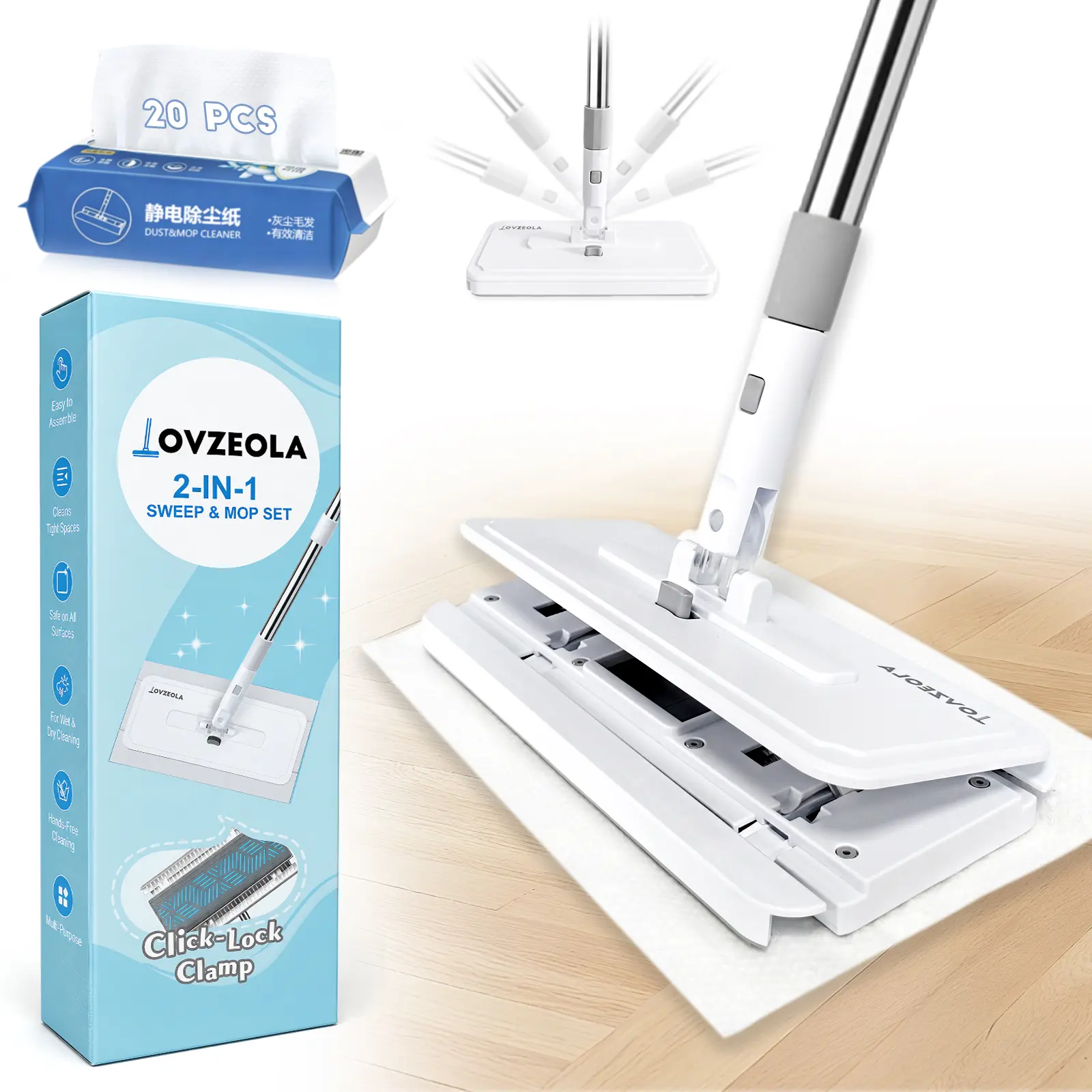 JOVZEOLA Hands-Free Clip Flat Mop Kit - Mop Floor Cleaning Tool with 1-Button Clamp, 50-Inch Adjustable Length Handle, Broom Combo, Swiffer Pad Compatible, 20 Dry Pads for Hard Floors