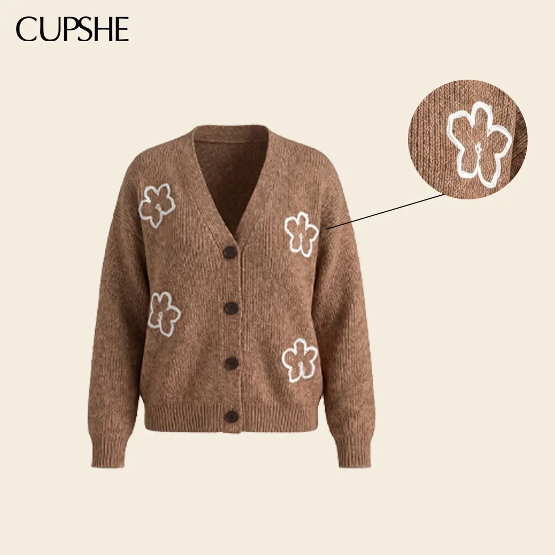 CUPSHE Women's Cardigan Floral Embroidery Cardigan - Cropped V Neck Button Front Knit Sweater, Long Sleeve Lightweight Layering Cardigan for Women, Casual Fall Outfit, Travel, Weekend & Everyday Wear