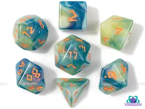 Tropical Tide | Teal Blue, Yellow and Light-Green Swirls, Glitter, Orange Runic / Goblin Font | Acrylic Dice Set (7)