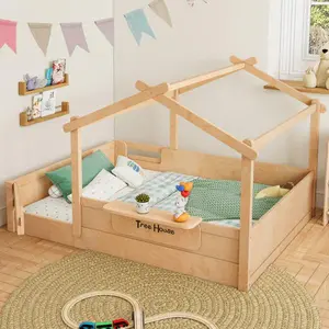 Bellemave Wood Platform Floor Bed Frame with Guardrail, Roof, Small Built-in Tray and Free Installation Guide, Wood Bed Frame
